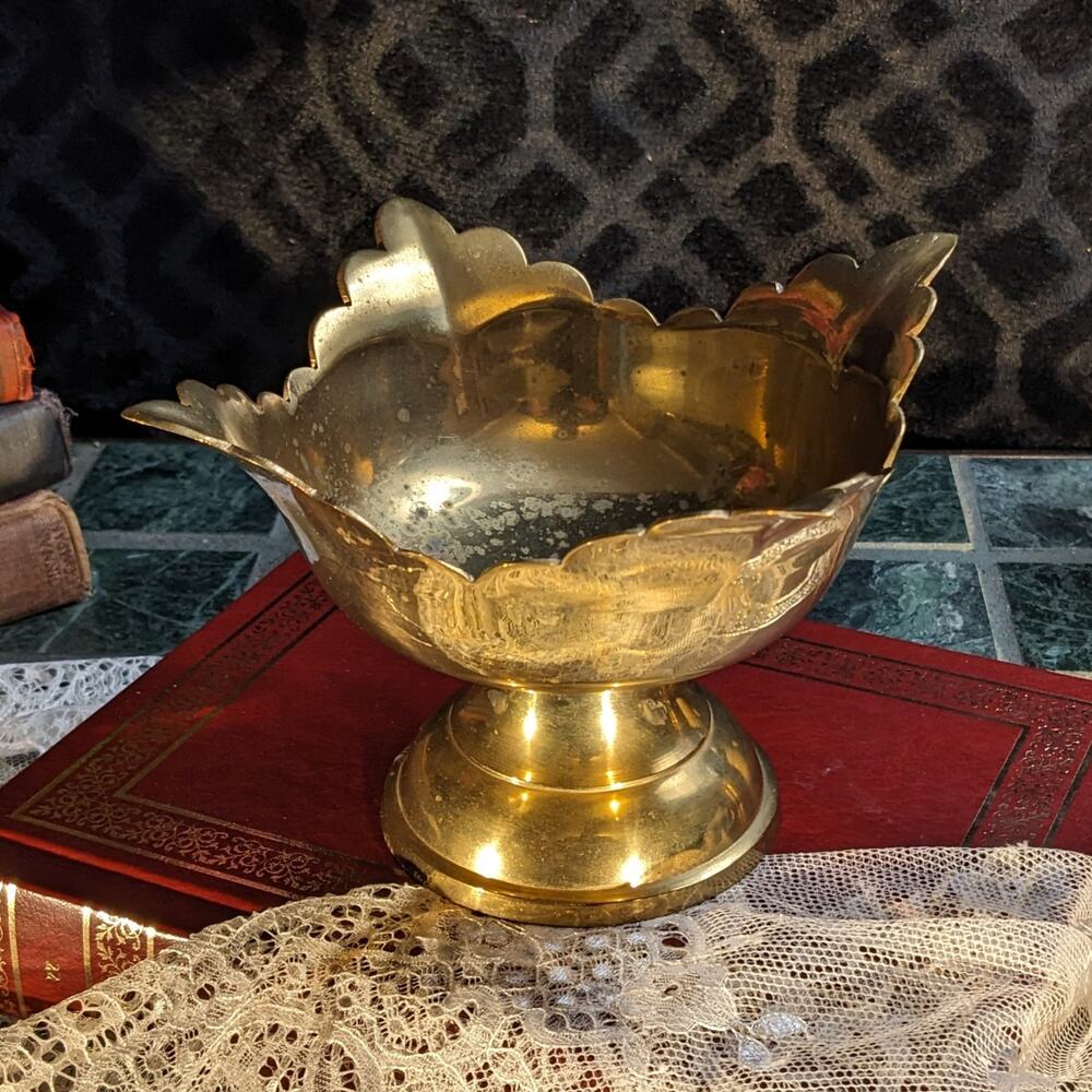 Vintage Solid Indian Brass Scalloped 4-Petal Pedestal Bowl Planter Candle Holder